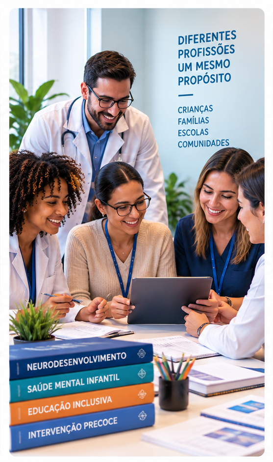 Equipe multiprofissional discutindo desenvolvimento infantil, avaliação e planejamento de cuidado.