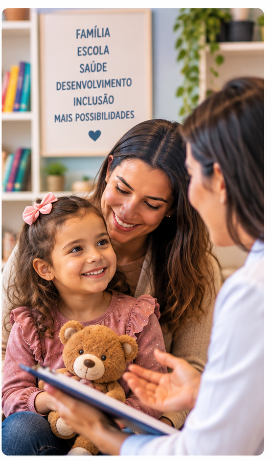 Criança e família em orientação com profissional em contexto de cuidado multiprofissional.