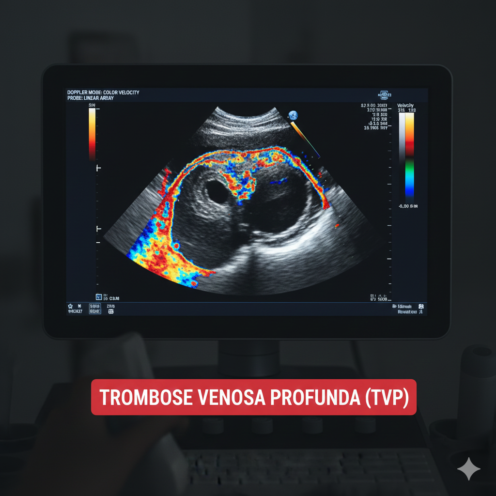 Imagem de ultrassom Doppler colorido mostrando fluxo sanguíneo e diagnóstico de Trombose Venosa Profunda (TVP)