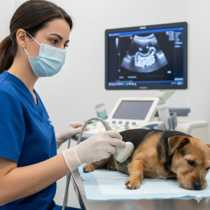Veterinário realizando ultrassom abdominal em cão