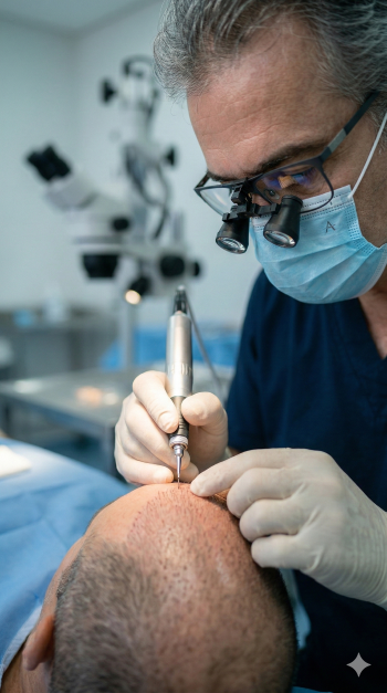 M&eacute;dico operando micro motor de extra&ccedil;&atilde;o FUE