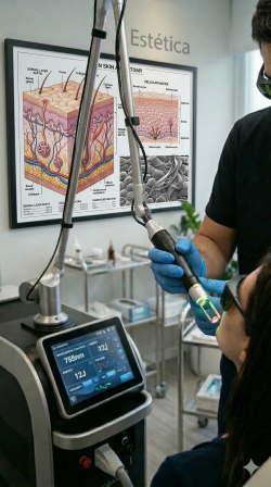 Enfermeiro esteta operando plataforma de laser de alta tecnologia em consult&oacute;rio especializado.