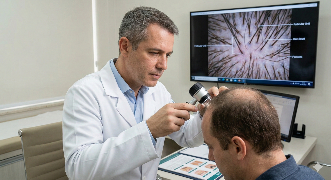 M&eacute;dico analisando couro cabeludo para transplante capilar
