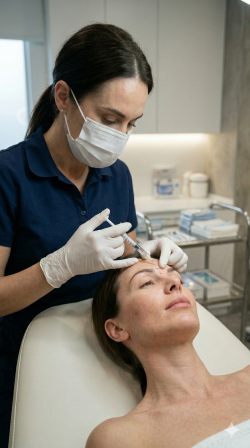 Enfermeira esteta realizando aplica&ccedil;&atilde;o t&eacute;cnica de toxina botul&iacute;nica com precis&atilde;o cl&iacute;nica.