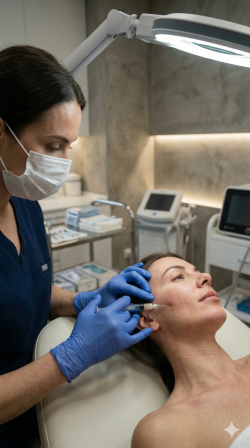 Biom&eacute;dico esteta realizando aplica&ccedil;&atilde;o t&eacute;cnica de preenchedores faciais com foco em harmoniza&ccedil;&atilde;o e seguran&ccedil;a.