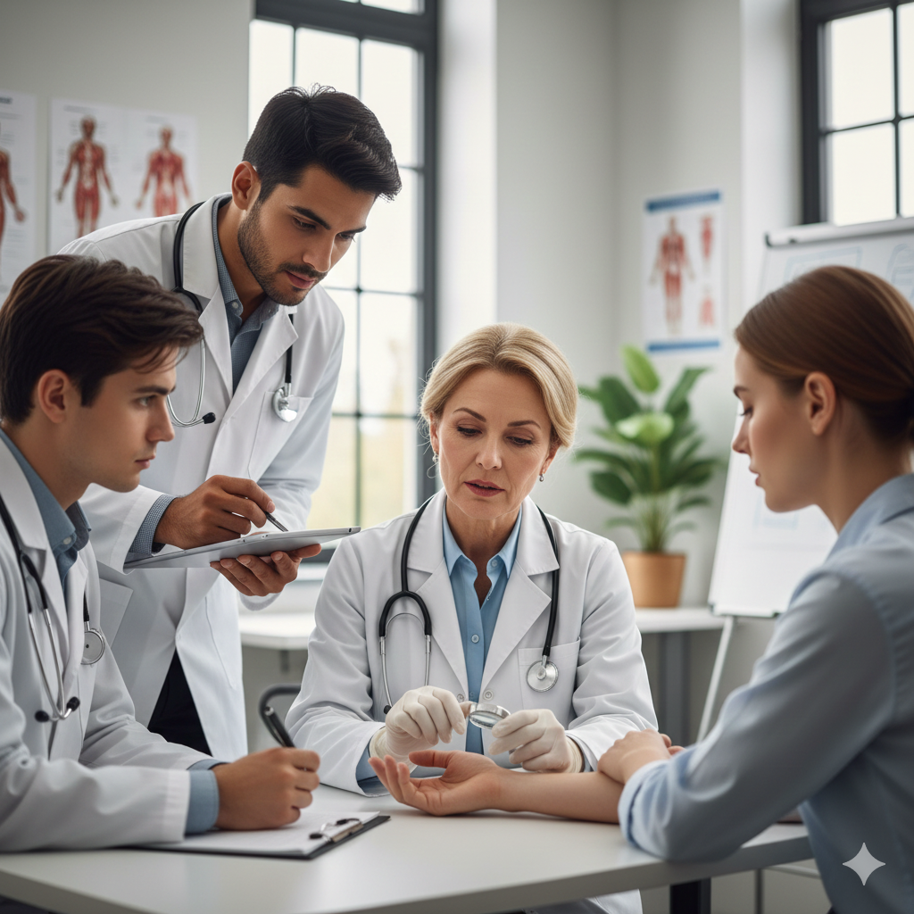 M&eacute;dico dermatologista realizando exame de dermatoscopia