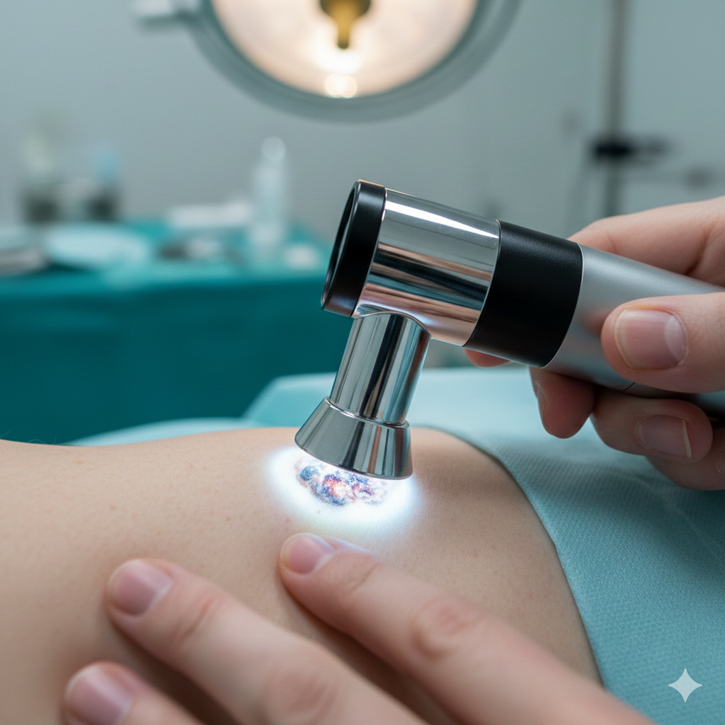 Médico dermatologista analisando lesão pigmentada com dermatoscópio