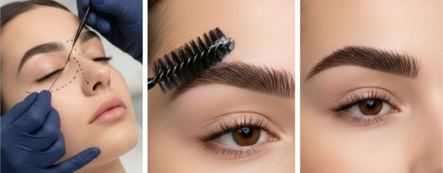 Detalhe de procedimento de Brow Lamination para alinhamento e volume dos fios da sobrancelha.