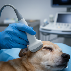 Exame de ultrassonografia ocular em c&atilde;o