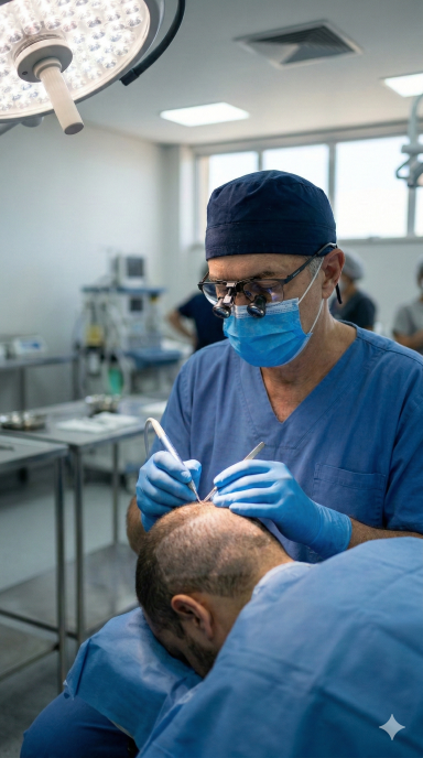 M&eacute;dico realizando transplante capilar pr&aacute;tico