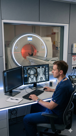 Tecn&oacute;logo em radiologia operando console de tomografia computadorizada multislice de alta resolu&ccedil;&atilde;o.