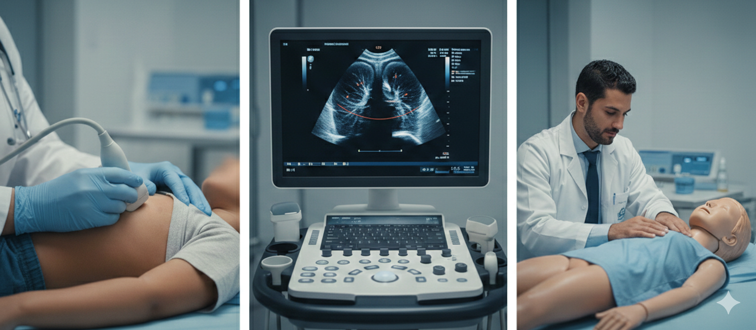 Visão detalhada de monitor de ultrassom exibindo pulmão pediátrico com foco em linhas A e B para diagnóstico rápido.