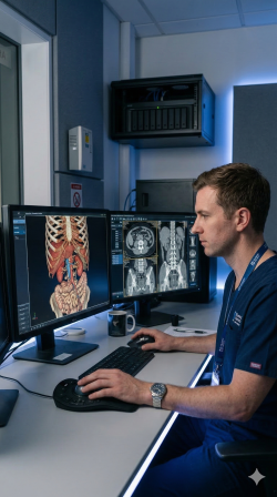 Profissional analisando reconstru&ccedil;&atilde;o 3D de exames de imagem em esta&ccedil;&atilde;o de trabalho avan&ccedil;ada.