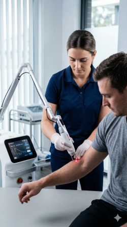 Fisioterapeuta especialista aplicando laser de alta pot&ecirc;ncia para rejuvenescimento e reabilita&ccedil;&atilde;o tecidual.