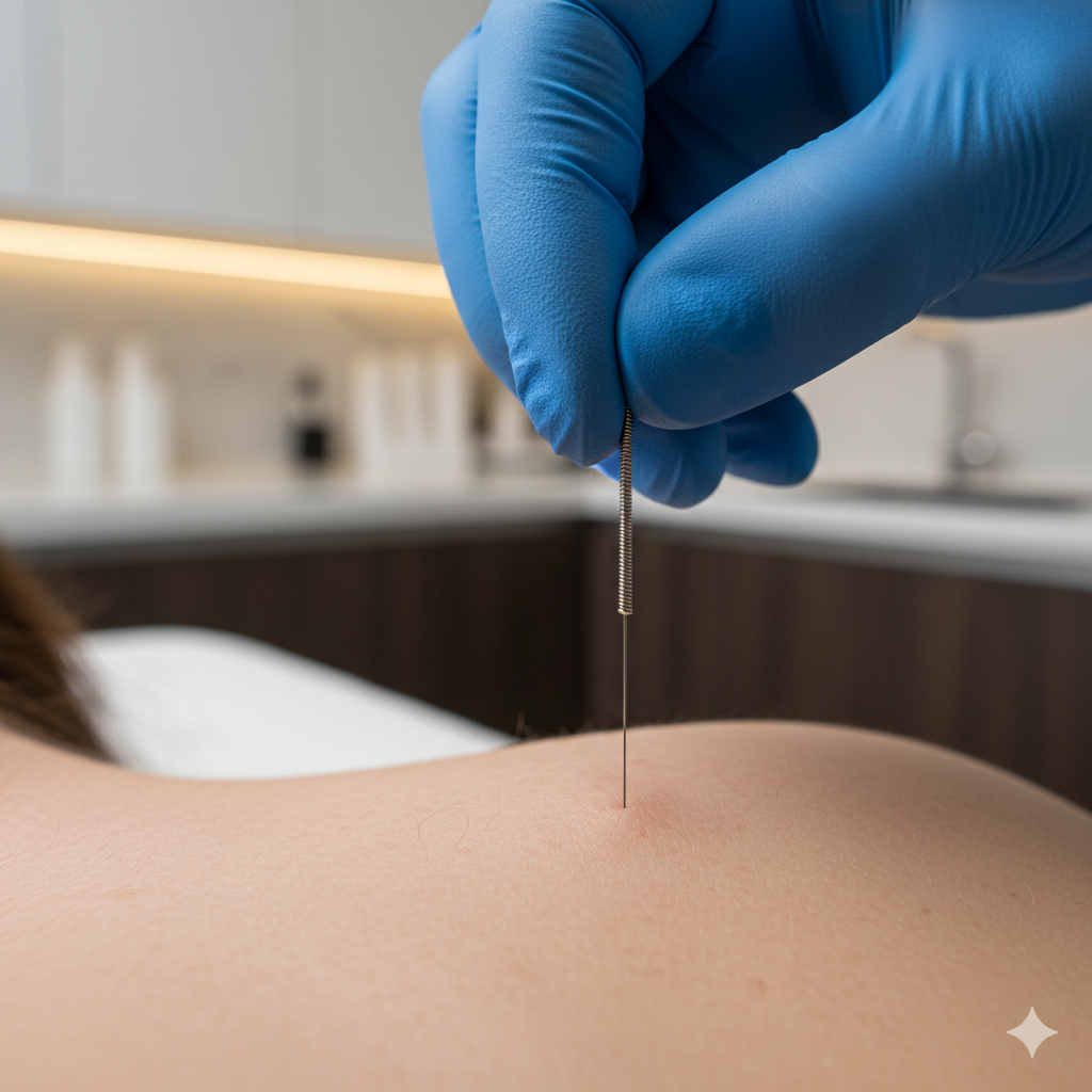 M&eacute;dico especialista realizando procedimento de acupuntura m&eacute;dica para dor