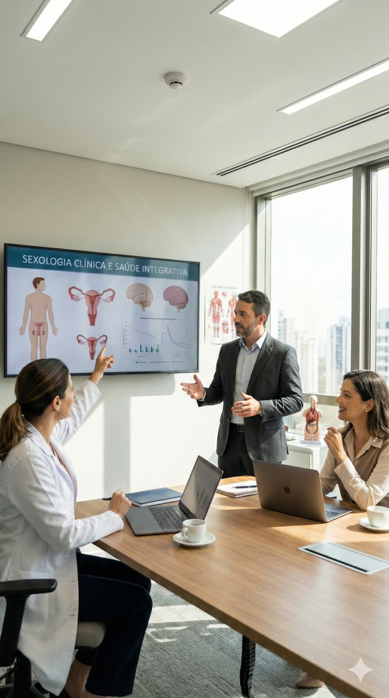 Reuni&atilde;o cl&iacute;nica multidisciplinar discutindo caso de terapia sexual