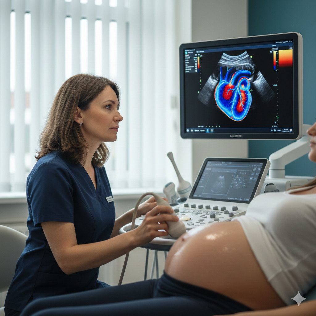 Médico especialista realizando exame de ecocardiografia fetal com ultrassom