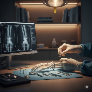 Equipe médica ortopedista em centro cirúrgico de alta tecnologia no Hospital São Lucas.