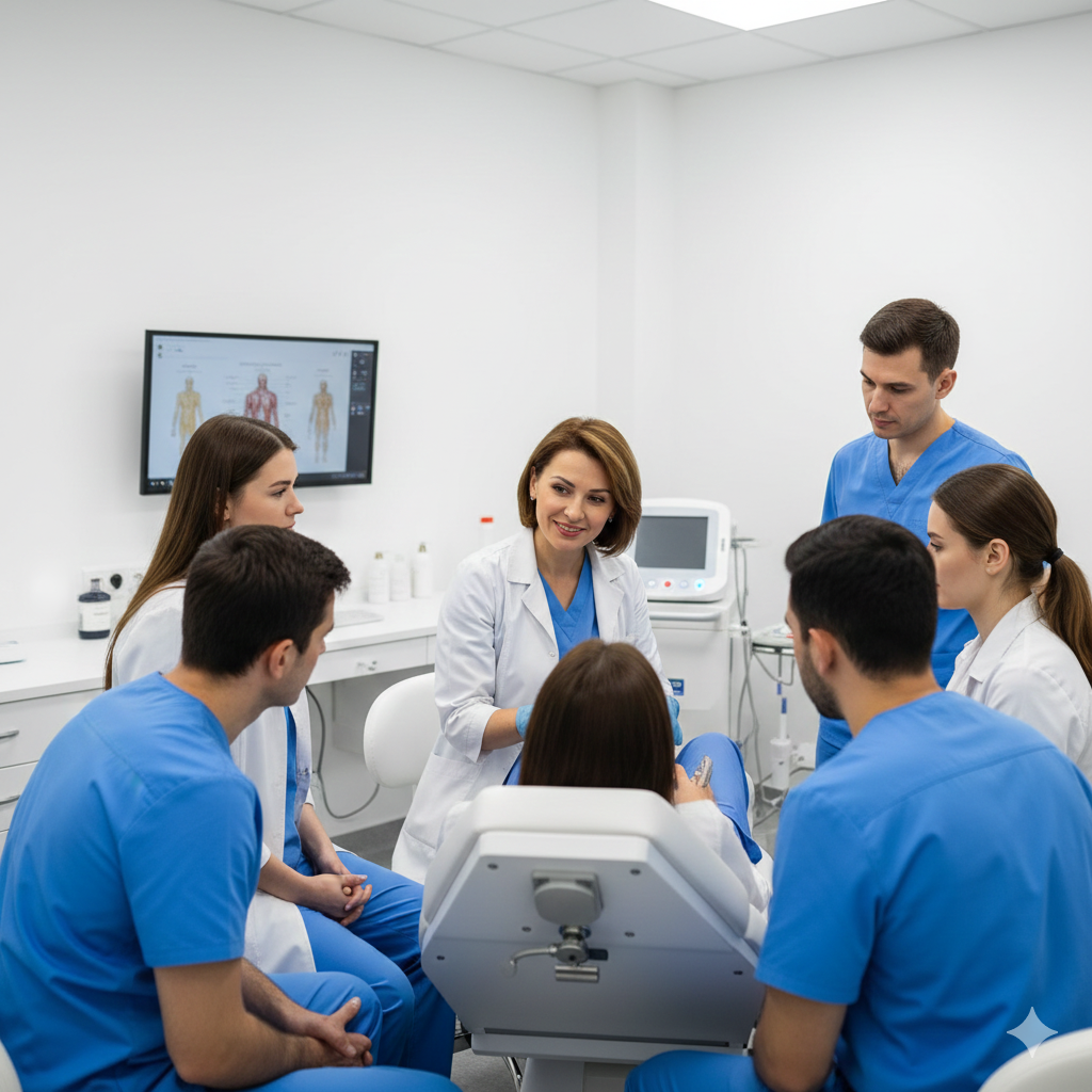 M&eacute;dico instrutor e aluno em aula pr&aacute;tica na FATESA