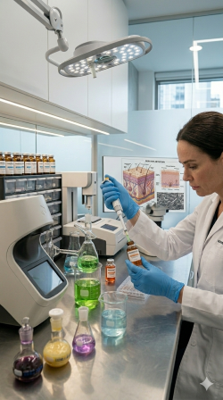 Profissional manipulando ativos e f&oacute;rmulas exclusivas para drug delivery e protocolos est&eacute;ticos.