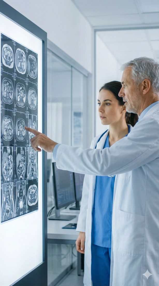 Médico radiologista analisando exames em telas de alta definição