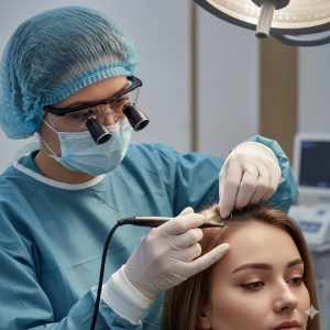 M&eacute;dico realizando transplante capilar feminino pr&aacute;tico