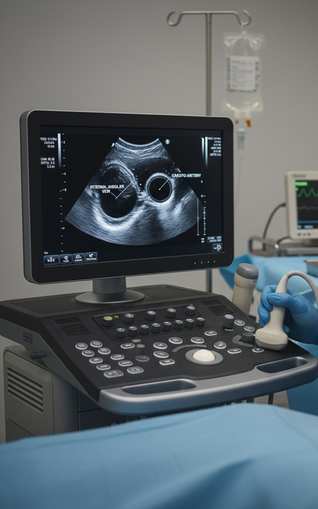 Imagem de ultrassom mostrando veia jugular interna e artéria carótida