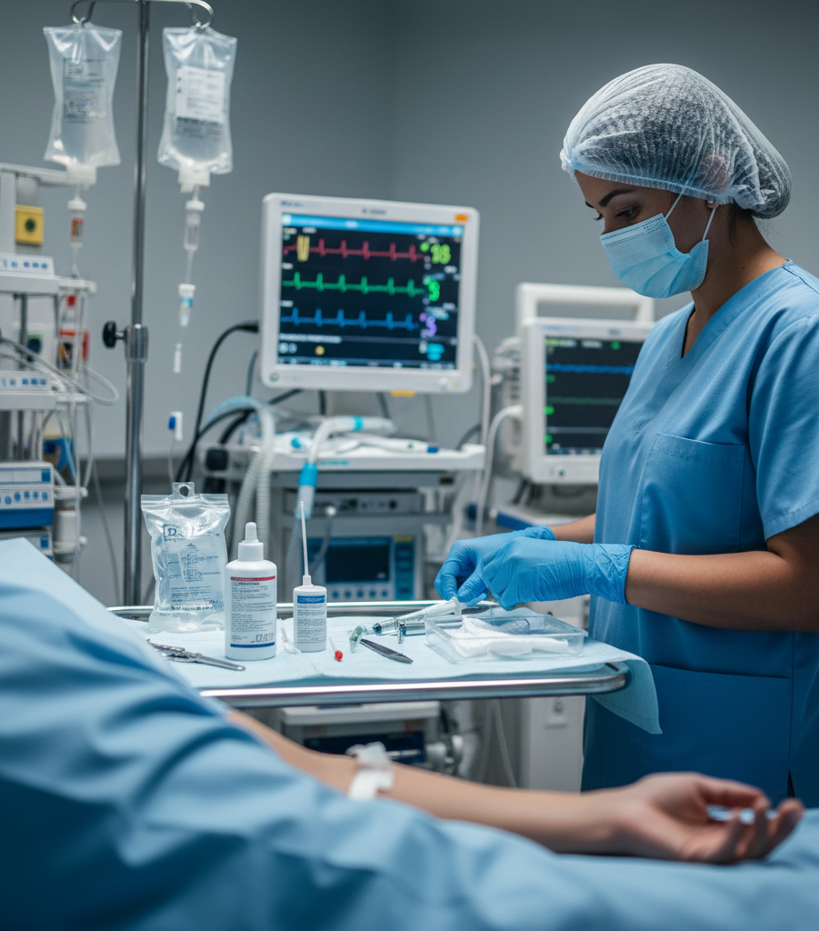 Profissional da saúde se preparando para acesso vascular em ambiente de UTI