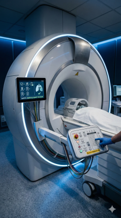 Detalhe t&eacute;cnico de sala de Resson&acirc;ncia Magn&eacute;tica com foco em protocolos de seguran&ccedil;a e precis&atilde;o.