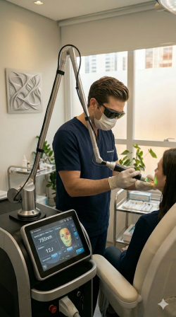 Biom&eacute;dico operando plataforma de laser avan&ccedil;ado para rejuvenescimento e tratamento de disfun&ccedil;&otilde;es est&eacute;ticas.