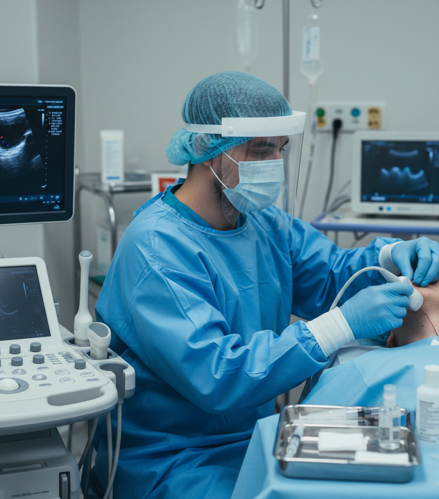 Médico realizando punção venosa central guiada por ultrassom