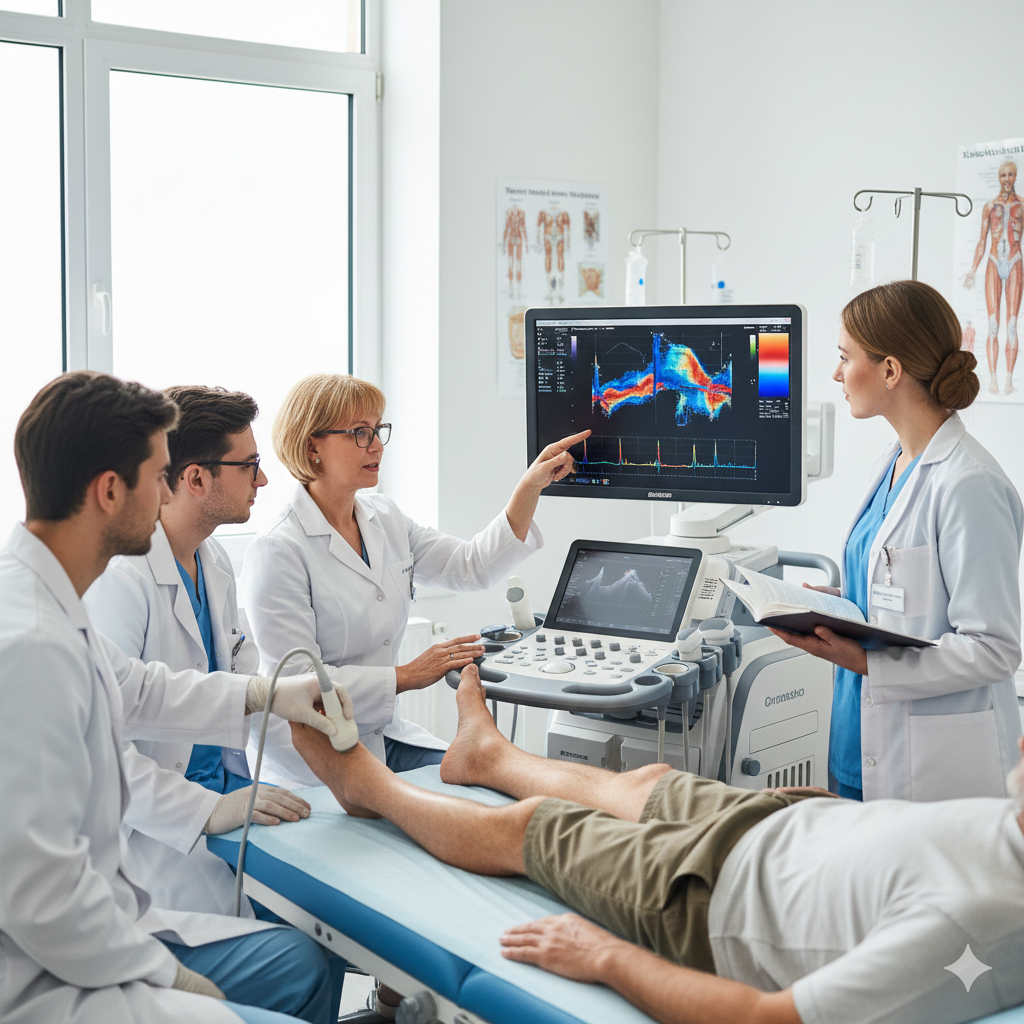 Alunos em aula prática de Ultrassonografia Vascular com foco em Eco Doppler de membros inferiores