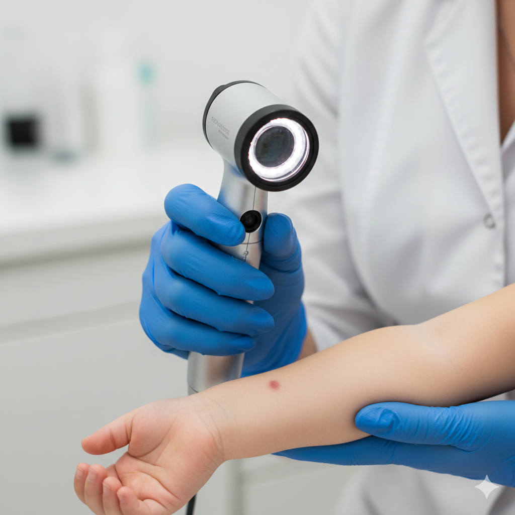 Médico examinando pele infantil
