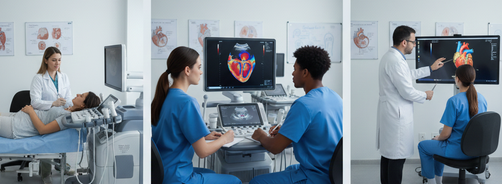 Imagem ultrassonográfica de um coração fetal com ênfase nas quatro câmaras