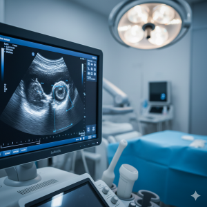 Monitor exibe imagem ultrassonogr&aacute;fica do globo ocular