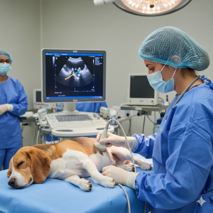 Veterin&aacute;rio realizando bi&oacute;psia guiada por ultrassom