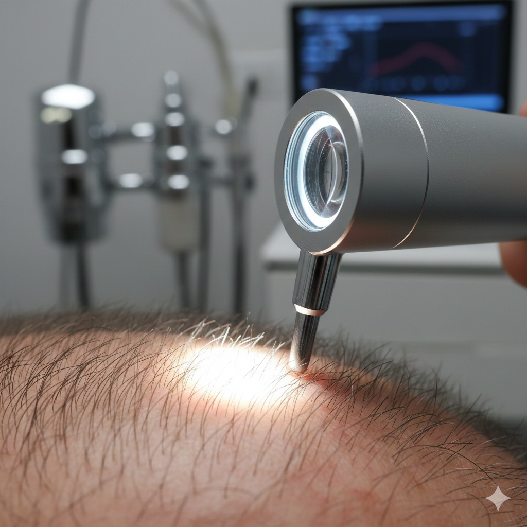 M&eacute;dico realizando tricoscopia avan&ccedil;ada no couro cabeludo