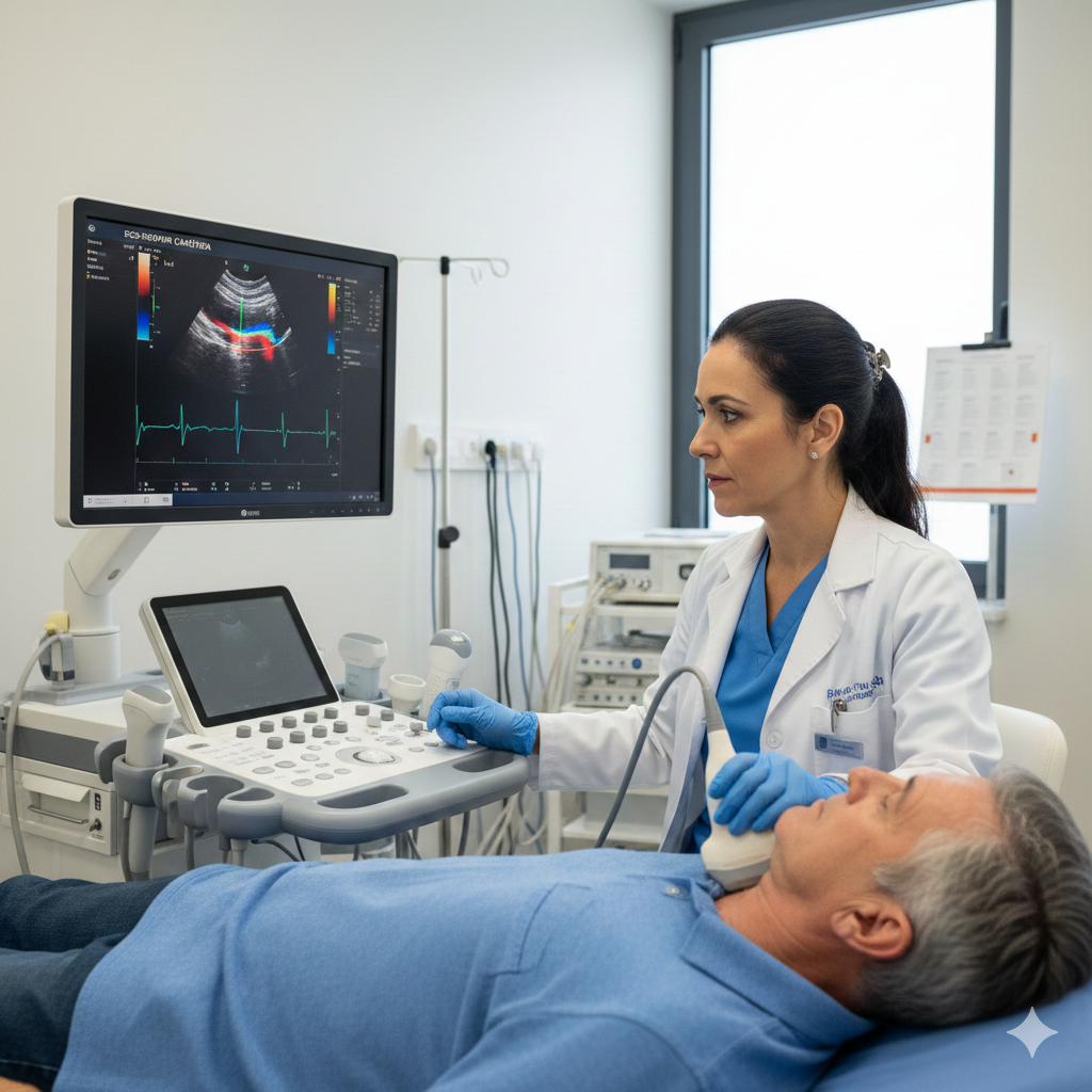 Médico especialista realizando Eco-Doppler Vascular em artérias carótidas para diagnóstico de estenose